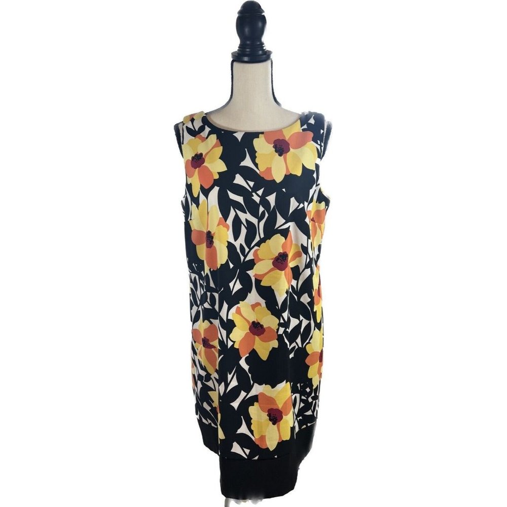 Women's AGB Black And Yellow Sleeveless Flower Pattern Sheath Dress Knee SZ 16
